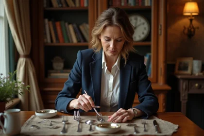 Femme en blazer examinant de l'argenterie vintage avec loupe