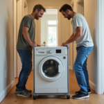 Couple man and woman manoeuvrant une machine à laver dans un couloir étroit