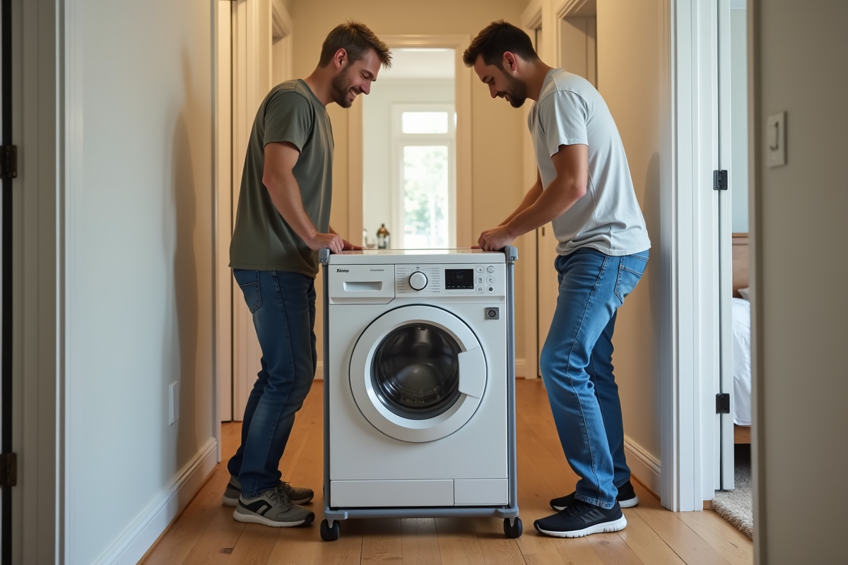 Couple man and woman manoeuvrant une machine à laver dans un couloir étroit