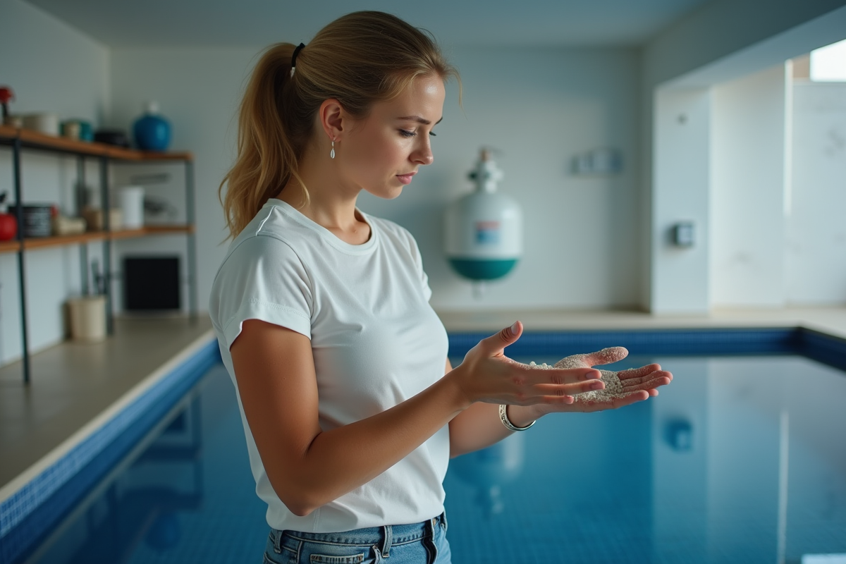 Femme vérifiant ses mains après manipulation de filtre piscine