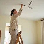 Femme inspectant une fissure au plafond dans un appartement, debout sur un escabeau en bois