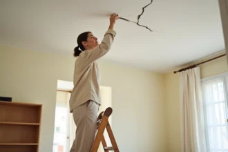 Femme inspectant une fissure au plafond dans un appartement, debout sur un escabeau en bois