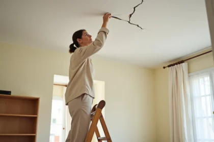 Femme inspectant une fissure au plafond dans un appartement, debout sur un escabeau en bois