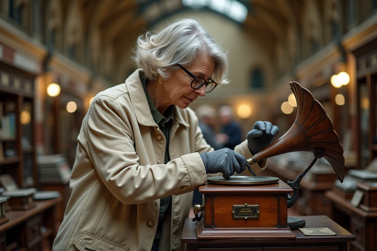 Femme examinant un gramophone ancien dans une foire aux antiquités, inspectant méticuleusement le bras de lecture