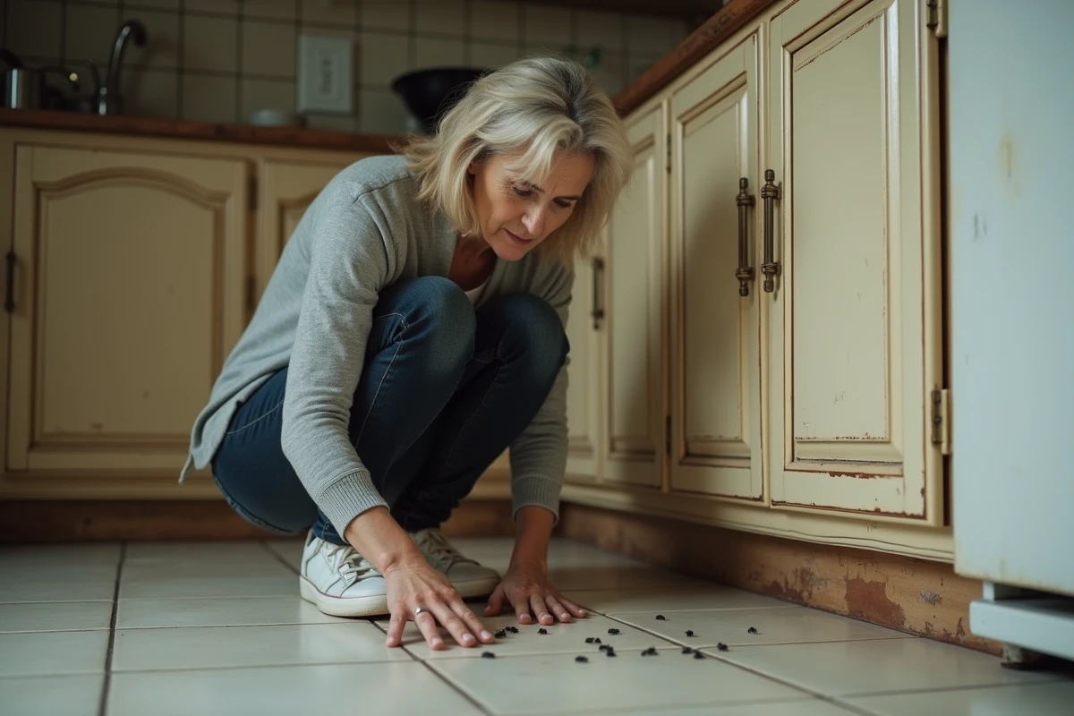 Femme inspectant des petits insectes noirs sur le carrelage d'une vieille cuisine