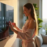 Femme en loungewear utilisant une interface digitale moderne