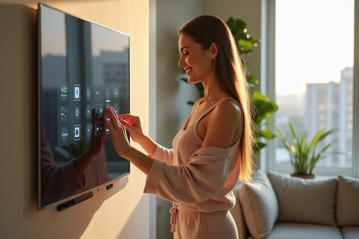 Femme en loungewear utilisant une interface digitale moderne