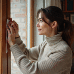 Femme appliquant de la mousse isolante sur une fenêtre