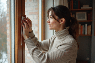 Femme appliquant de la mousse isolante sur une fenêtre