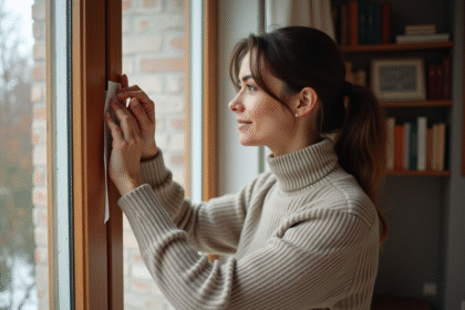 Femme appliquant de la mousse isolante sur une fenêtre
