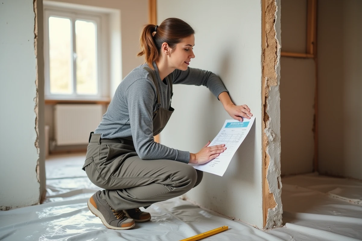 Femme comparant des plaques d'isolation thermique bon marché lors d'une rénovation intérieure DIY