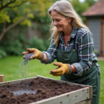 Femme jardinant avec cendre de bois dans le compost