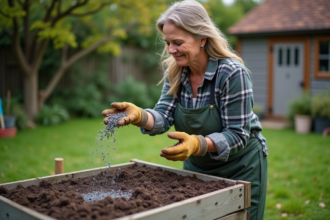 Femme jardinant avec cendre de bois dans le compost