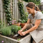 Femme jardinant dans un potager surélevé en bois avec des herbes aromatiques et des fleurs, ambiance jardin de banlieue au printemps