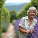 Femme inspectant une lavande en jardin rural au printemps