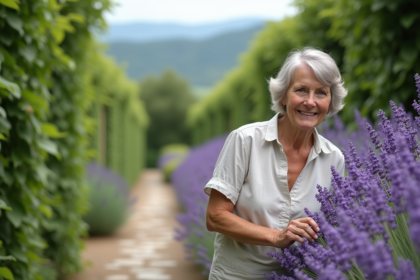 Femme inspectant une lavande en jardin rural au printemps