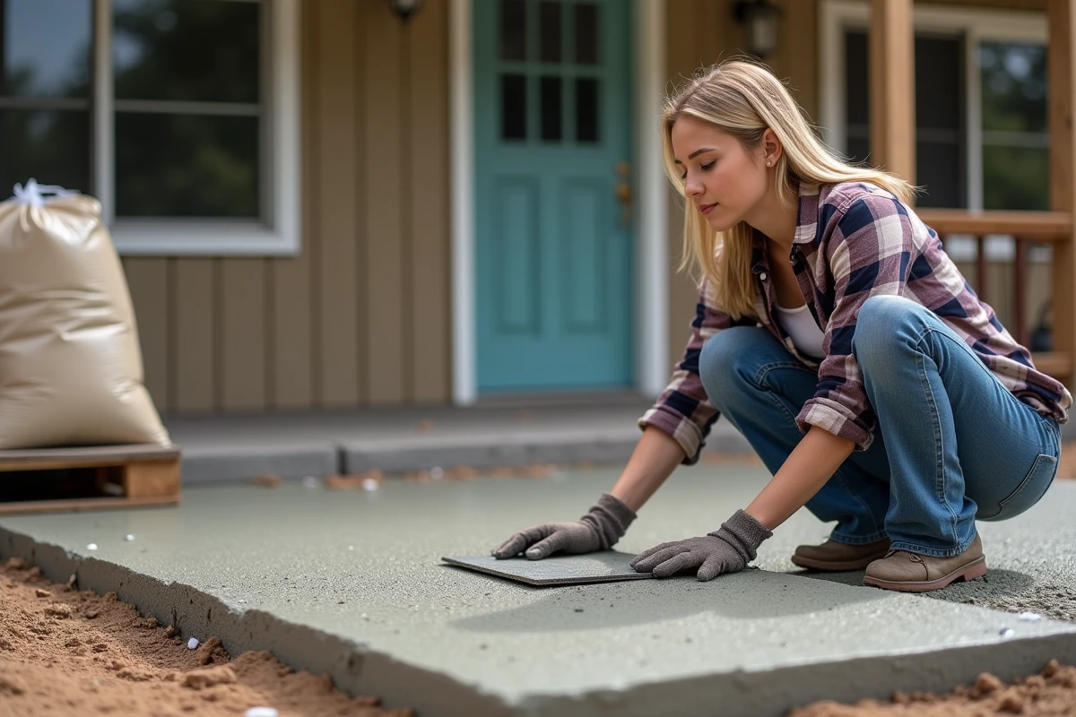 Jeune femme lisse une dalle de béton fraîche avec une truelle