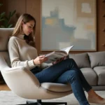 Femme lisant dans un fauteuil design confortable