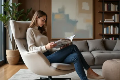 Femme lisant dans un fauteuil design confortable