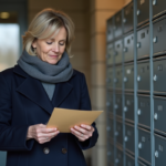 Femme dans un hall d'immeuble vérifiant une enveloppe
