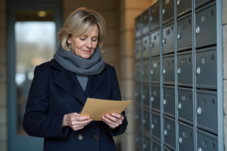 Femme dans un hall d'immeuble vérifiant une enveloppe