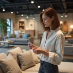 Femme examinant le prix d'un canapé dans un magasin de meubles BUT, cherchant les meilleures offres 2026