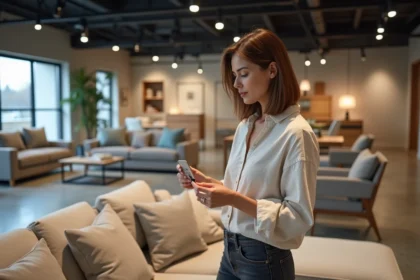 Femme examinant le prix d'un canapé dans un magasin de meubles BUT, cherchant les meilleures offres 2026