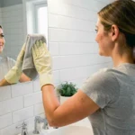Femme nettoyant un miroir de salle de bain avec un chiffon microfibre et des gants en caoutchouc