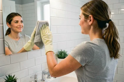 Femme nettoyant un miroir de salle de bain avec un chiffon microfibre et des gants en caoutchouc