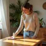 Femme appliquant un produit naturel sur une table en bois