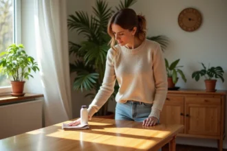 Femme appliquant un produit naturel sur une table en bois