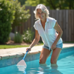 Femme utilisant un filet pour nettoyer une piscine extérieure en été