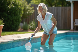Femme utilisant un filet pour nettoyer une piscine extérieure en été