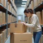Jeune femme organisant des cartons dans un entrepôt moderne