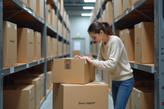 Jeune femme organisant des cartons dans un entrepôt moderne