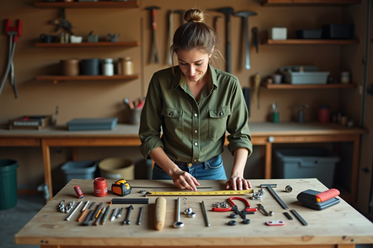 Femme organisant des outils et matériaux pour petits travaux dans un atelier garage à petit budget