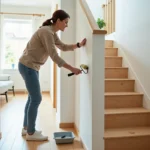 Femme peignant un escalier en bois dans un intérieur lumineux