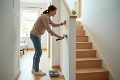 Femme peignant un escalier en bois dans un intérieur lumineux