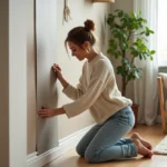 Femme appliquant du papier peint dans un salon lumineux