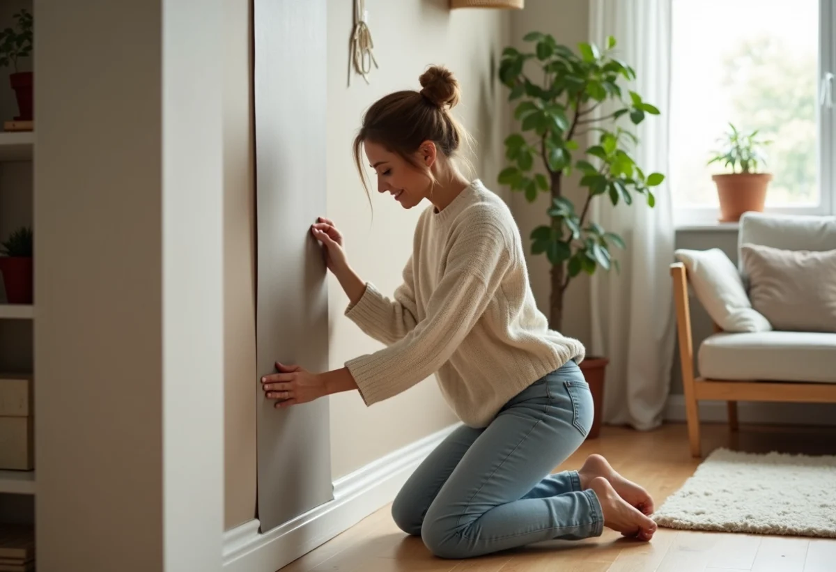 Femme appliquant du papier peint dans un salon lumineux