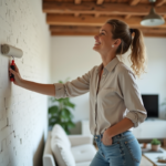 Femme souriante peignant un mur ancien dans un salon rénové