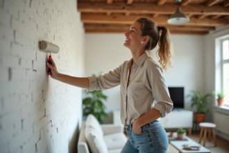 Femme souriante peignant un mur ancien dans un salon rénové