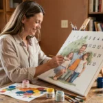 Femme peignant une toile numérotée personnalisée représentant un portrait de famille, assise à une table en bois avec des pinceaux et des pots de peinture colorés