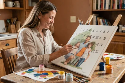 Femme peignant une toile numérotée personnalisée représentant un portrait de famille, assise à une table en bois avec des pinceaux et des pots de peinture colorés