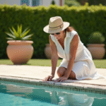 Femme en chapeau de paille près de la piscine avec décoration