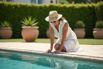 Femme en chapeau de paille près de la piscine avec décoration