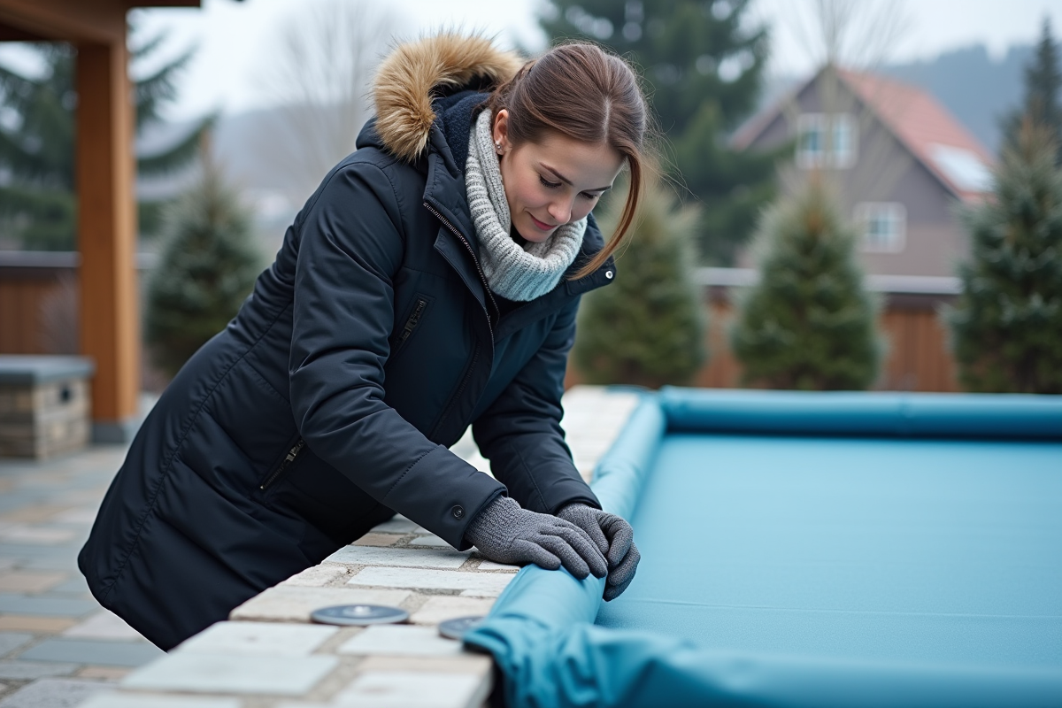 Femme en parka et gants fixe la couverture de la piscine