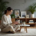 Femme assise sur un tapis en laine arrangeant des appareils connectes