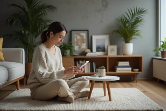 Femme assise sur un tapis en laine arrangeant des appareils connectes