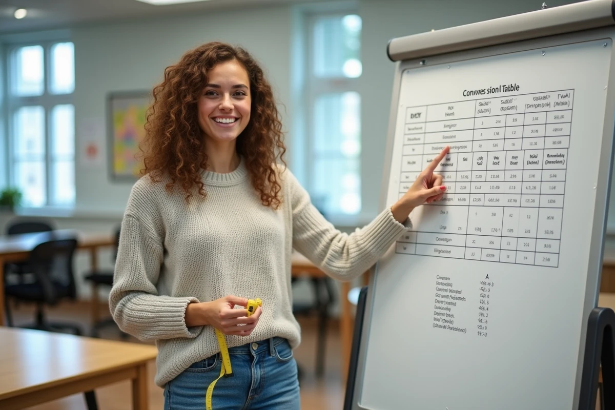 Femme pointant un tableau de conversion avec mètre dans une salle de classe lumineuse